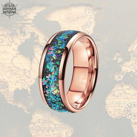 Image of 8mm Blue Opal Ring Rose Gold Wedding Band Tungsten Ring 8mm Mens Rose Gold Ring