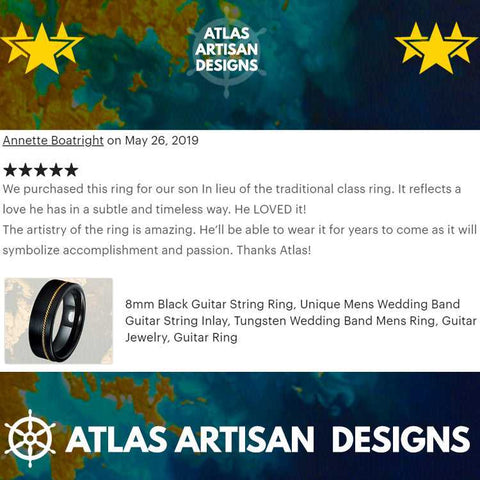 Image of 8mm Black Guitar String Ring, Unique Mens Wedding Band Guitar String Inlay, Tungsten Wedding Band Mens Ring, Guitar Jewelry, Guitar Ring - Atlas Artisan Designs
