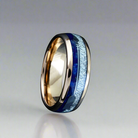 Image of Rose Gold Ring Lapis Lazuli Mens Wedding Band Tungsten Meteorite Wedding Band Arrow Ring
