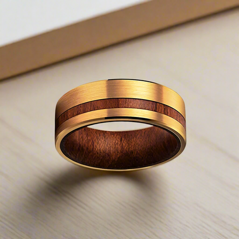 Image of 14K Gold Wedding Band Wooden Ring - Yellow Gold Ring Mens Wedding Band
