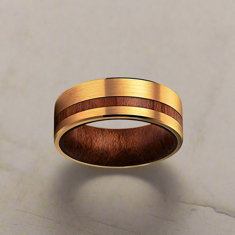 Image of 14K Gold Wedding Band Wooden Ring - Yellow Gold Ring Mens Wedding Band