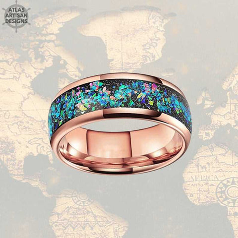 Image of 8mm Blue Opal Ring Rose Gold Wedding Band Tungsten Ring 8mm Mens Rose Gold Ring