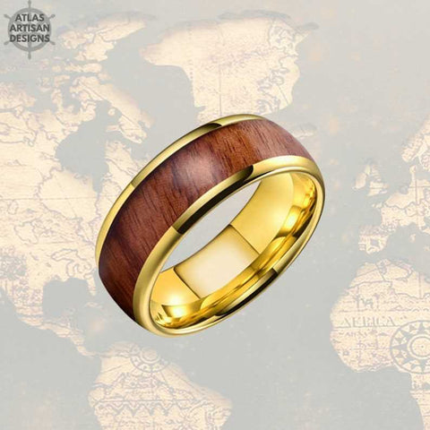 Image of 14K Gold Ring Mens Wedding Band Whiskey Barrel Ring Tungsten Wedding band