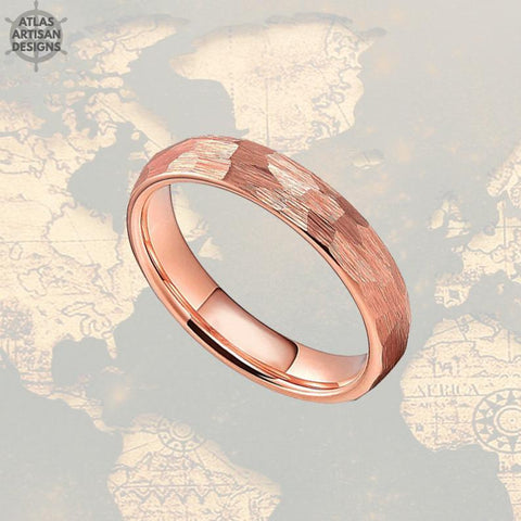 Image of 18K Rose Gold Wedding Band Hammered Ring 6mm Rose Gold Ring Tungsten Wedding Bands Womens Ring Couples Ring Set