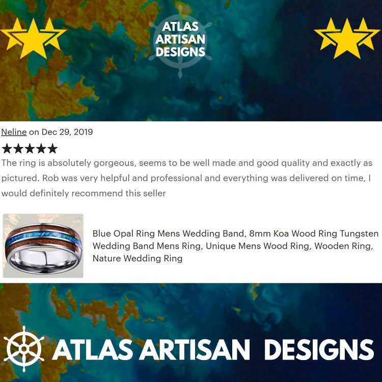 8mm Blue Opal Ring Mens Wedding Band & Koa Wood Black Tungsten Ring