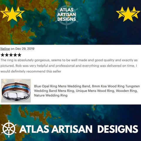 Image of 8mm Blue Opal Ring Mens Wedding Band & Koa Wood Black Tungsten Ring