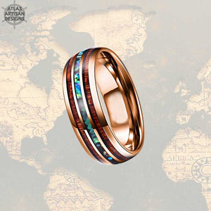 18K Rose Gold Opal Ring Mens Wedding Band, 8mm Koa Wood Ring Tungsten Wedding Band Mens Ring, Wood Wedding Bands Women Rose Gold Ring - Atlas Artisan Designs