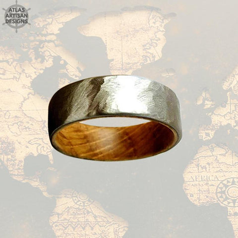 Image of Hammered Whiskey Barrel Ring Mens Wedding Band Wood Ring, Silver Wedding Band Mens Ring, Whisky Barrel Ring Wood Wedding Band Hammered Ring - Atlas Artisan Designs