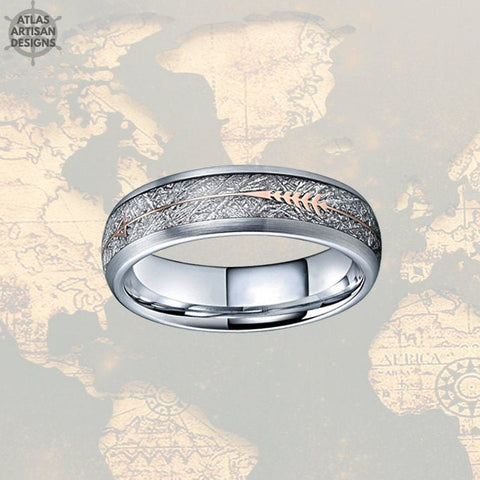 Image of 6mm Meteorite Ring Tungsten Wedding Bands Womens Ring, Rose Gold Arrow Ring Mens Wedding Band Couples Rings Set - Atlas Artisan Designs