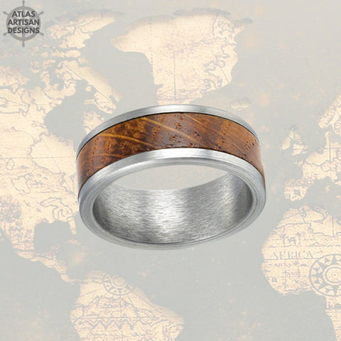 Image of 8mm Unique Whiskey Wood Ring Mens Wedding Band Silver Ring