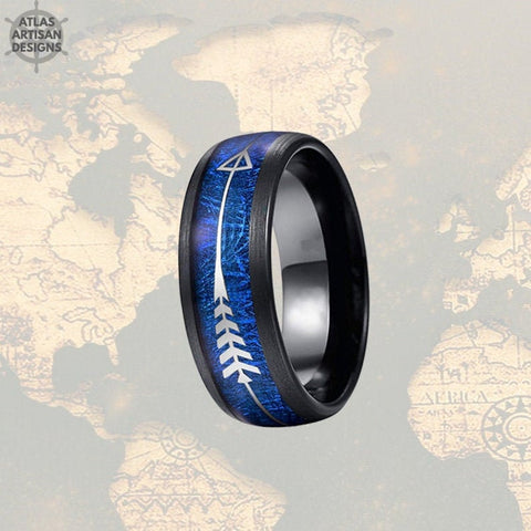 Image of Blue Meteorite Ring Mens Wedding Band Tungsten Ring - 8mm Silver Arrow Ring Meteorite Wedding Band Mens Ring - Unique Black Rings for Men - Atlas Artisan Designs
