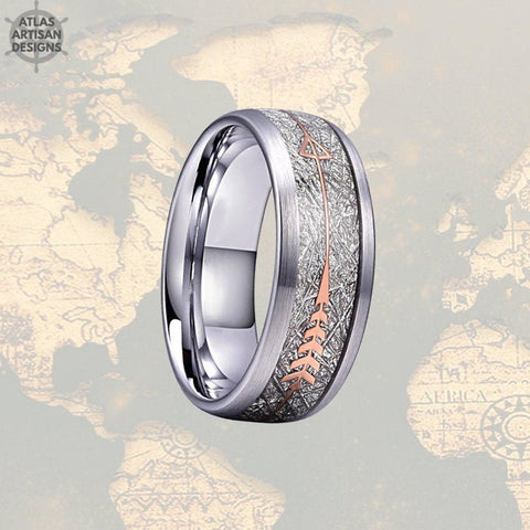 Image of Silver Meteorite Ring Mens Wedding Band Tungsten Ring, 18K Rose Gold Arrow Ring Meteorite Wedding Bands for Men - Atlas Artisan Designs
