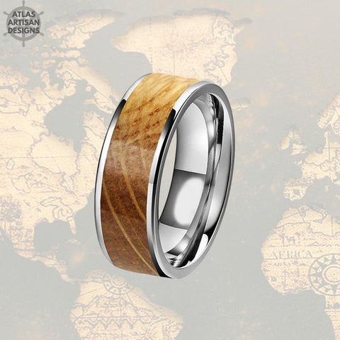 Image of Silver Whiskey Barrel Ring Mens Wedding Band Tungsten Ring with Wood Inlay Ring - Atlas Artisan Designs