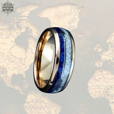 Image of Rose Gold Ring Lapis Lazuli Mens Wedding Band Tungsten Meteorite Wedding Band Arrow Ring