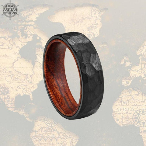 Image of Koa Wood Ring Mens Wedding Band Tungsten Ring, Black Hammered Ring Mens Viking Ring - Atlas Artisan Designs