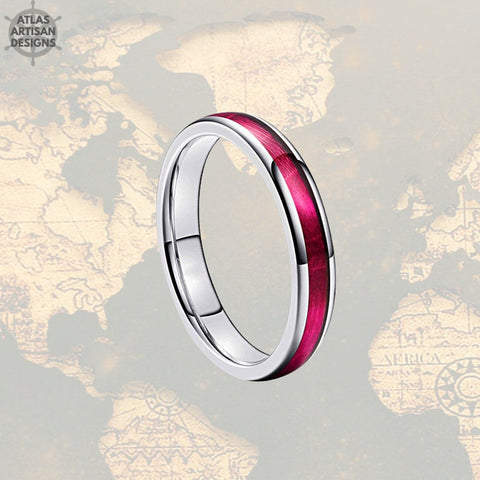 Image of 4mm Red Wood Ring Womens Wedding Band Tungsten Ring, Swirl Wood Wedding Band Womens Ring, Purple Mens Wedding Band Wooden Ring Couples Rings - Atlas Artisan Designs