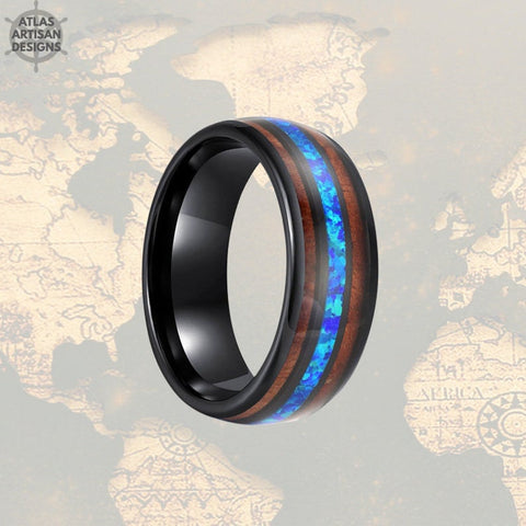 Image of 8mm Blue Opal Ring Mens Wedding Band & Koa Wood Black Tungsten Ring