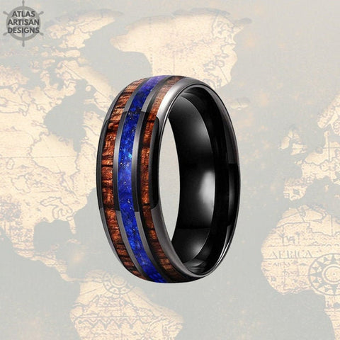 Image of 8mm Lapis Ring Black Tungsten Wedding Band Wood Ring - Unique Lapis Lazuli Ring for Men - Atlas Artisan Designs