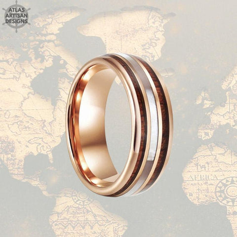 Image of 8mm Rose Gold Ring Mother of Pearl Ring, Koa Wood Mens Wedding Band