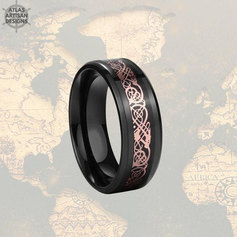 Image of Black & Rose Gold Ring Mens Viking Ring, Mens Wedding Band Tungsten Ring, Norse Rose Gold Ring - Atlas Artisan Designs