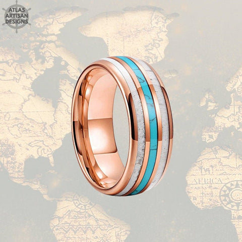 Image of 8mm 18K Rose Gold Mens Wedding Band Deer Antler and Turquoise Tungsten Ring