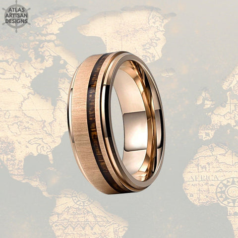 Image of Rose Gold Ring Mens Wedding Band Wood Ring, 8mm Rose Gold Wedding Band Mens Ring Offset Koa Wood Inlay Ring, Wood Wedding Band Tungsten Ring - Atlas Artisan Designs