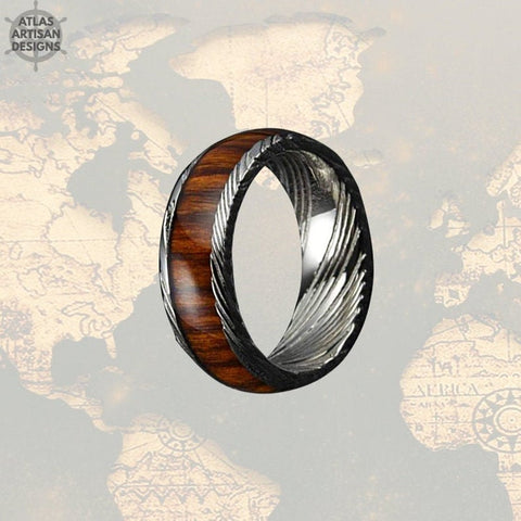 Image of Koa Wood & Damascus Ring, 8mm Damascus Steel Ring Koa Wood Ring Mens Wedding Band - Atlas Artisan Designs