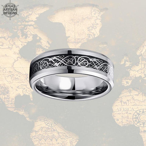 Image of Thin Celtic Wedding Ring 6mm Unique Wedding Band Womens Ring, Carbon Fiber Ring Mens Wedding Band Celtic Ring Couples Rings Mens Viking Ring - Atlas Artisan Designs