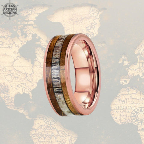 Image of Rose Gold Ring Whiskey Barrel Ring with Antler Inlay Mens Wedding Band Tungsten Deer Antler Ring - Atlas Artisan Designs