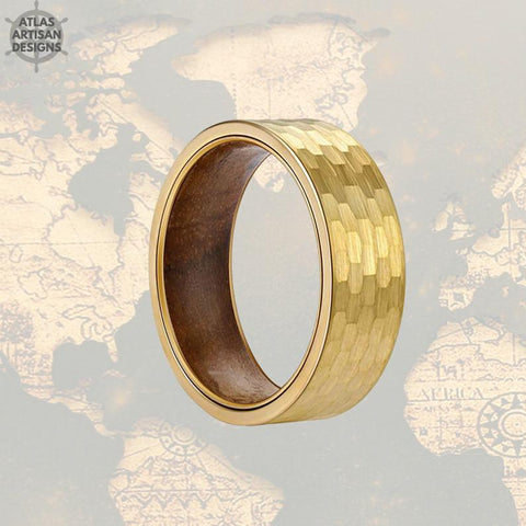 Image of 14K Gold Ring Mens Wedding Band Hammered Ring Koa Wood Rings for Men - Atlas Artisan Designs