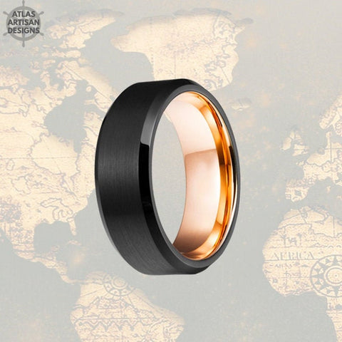 Image of 8mm Rose Gold Wedding Band Mens Ring, Black Ring Mens Wedding Band