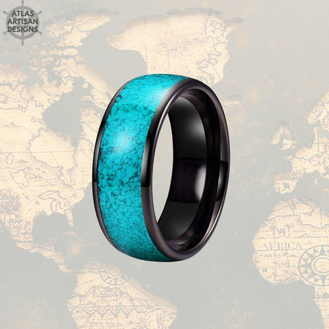 Image of Turquoise Ring Mens Wedding Band Tungsten Ring Black Turquoise Wedding Bands