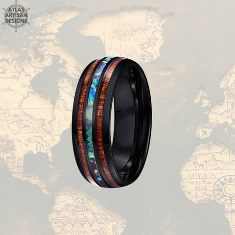 Image of 8mm Koa Wood Ring Mens Wedding Band Abalone Ring, Tungsten Wedding Band Mens Ring Abalone Shell Ring Unique Wedding Bands Women Black Ring - Atlas Artisan Designs