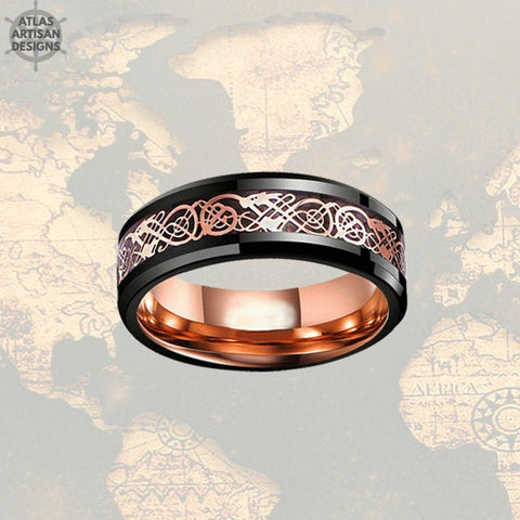 Image of Norse Rose Gold Ring Mens Wedding Band Viking Ring / Celtic Knot Ring Viking Wedding Ring Rose Gold & Black Ring / Tungsten Ring Mens Ring - Atlas Artisan Designs