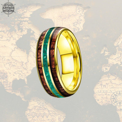 Image of Malachite Ring Mens Wedding Band Tungsten Ring - 8mm Wood Ring 14K Yellow Gold Wedding Band
