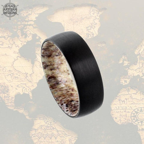Image of Deer Antler Wedding Band Mens Ring, 8mm Black Tungsten Wedding Band Deer Antler Ring with Brushed Finish, Mens Wedding Band Nature Ring - Atlas Artisan Designs