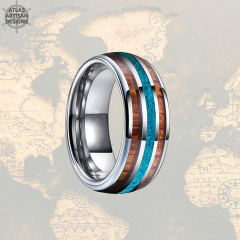 Image of Mens Turquoise Ring Tungsten Wedding Band Viking Ring - Koa Wood Ring Wedding Band - Atlas Artisan Designs