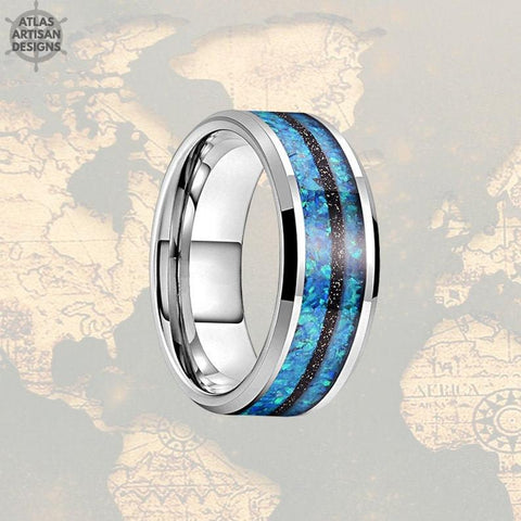 Image of 8mm Black Meteorite & Blue Opal Ring Tungsten Wedding Band Meteorite Ring Mens Wedding Band Tungsten Ring, Meteorite Wedding Rings for Men - Atlas Artisan Designs