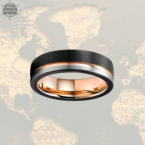 Image of Thin 18K Rose Gold Wedding Bands Womens Ring, 6mm Womens Wedding Band Tungsten Ring, Silver & Rose Gold Ring Mens Wedding Band Couples Rings - Atlas Artisan Designs