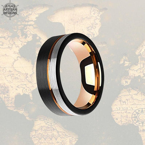 Image of 18K Rose Gold Wedding Band Mens Ring, 8mm Unique Mens Wedding Band Tungsten Ring, Black & Rose Gold Ring Tungsten Wedding Band Mens Ring - Atlas Artisan Designs