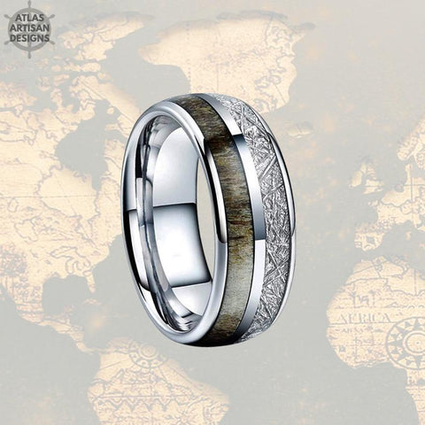 Image of Silver Meteorite Mens Wedding Band Tungsten Ring - Deer Antler Ring - Atlas Artisan Designs