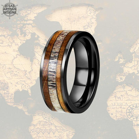 Image of Black Whiskey Barrel Ring with Deer Antler Mens Wedding Band Tungsten Deer Antler Ring - Atlas Artisan Designs