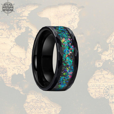 Image of 8mm Black Tungsten Ring Opal Wedding Band Hammered Ring Unique Mens Ring - Atlas Artisan Designs