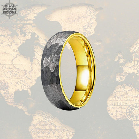 Image of 6mm Silver Hammered Ring 18K Yellow Gold Wedding Band Womens Ring Viking Gold Ring Mens Wedding Band Tungsten Ring Couples Rings Mens Ring - Atlas Artisan Designs