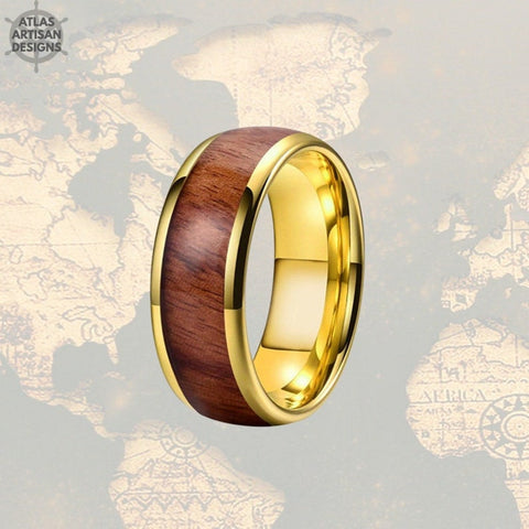 Image of 14K Gold Ring Mens Wedding Band Whiskey Barrel Ring Tungsten Wedding Band Wood Inlay
