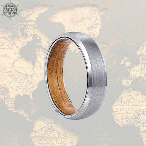 Image of 6mm Silver Wood Ring Mens Wedding Band Tungsten Ring, 6mm Whiskey Barrel Ring Wood Wedding Band Mens Ring, Whisky Wood Promise Ring for Him - Atlas Artisan Designs