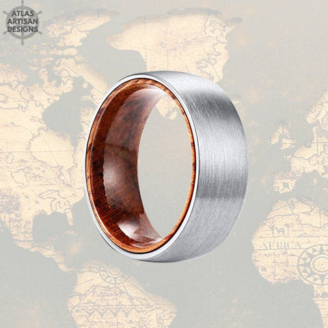 Image of Exotic Sandal Wood Ring Tungsten Wedding Rings for Him, Silver Ring Mens Wedding Band Tungsten Ring, Wooden Ring Unique Mens Promise Ring - Atlas Artisan Designs