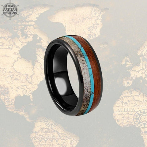 Image of Black Antler & Turquoise Ring Mens Wedding Band Wood Ring / Koa Wood Wedding Band Tungsten Ring / Deer Antler Ring Mens Ring Wooden Rings - Atlas Artisan Designs