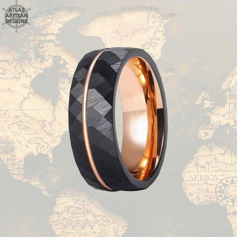 Image of Black Hammered Wedding Band - 8mm Rose Gold Mens Ring