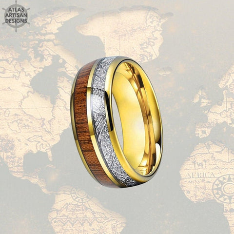 Image of 14K Gold Ring Mens Wedding Band Meteorite Ring - Koa Wood Tungsten Wedding Band